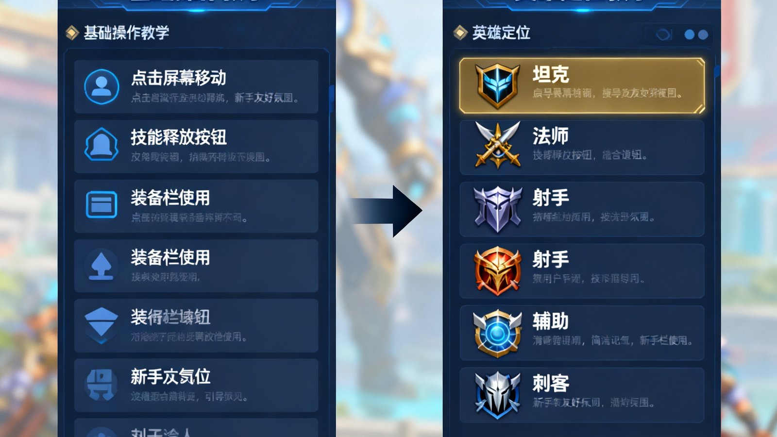 亿万28新手指南界面，包含基础操作与英雄定位教学，有箭头标注