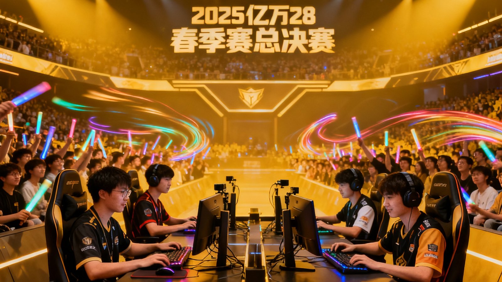 2025亿万28春季赛决赛现场，两支战队激烈对抗，观众挥舞荧光棒